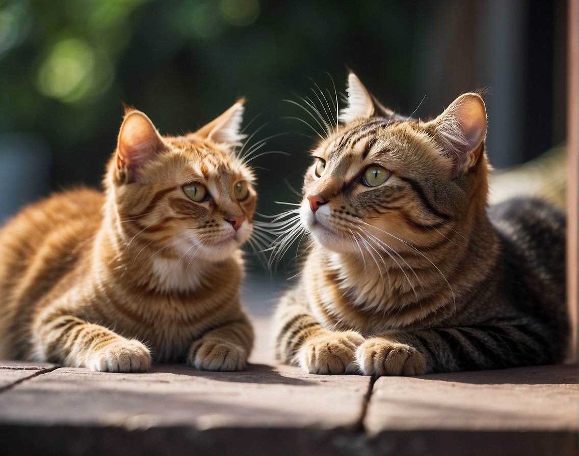 Two cats sitting side by side, one looking off into the distance with a pensive expression while the other nuzzles against its sibling's neck