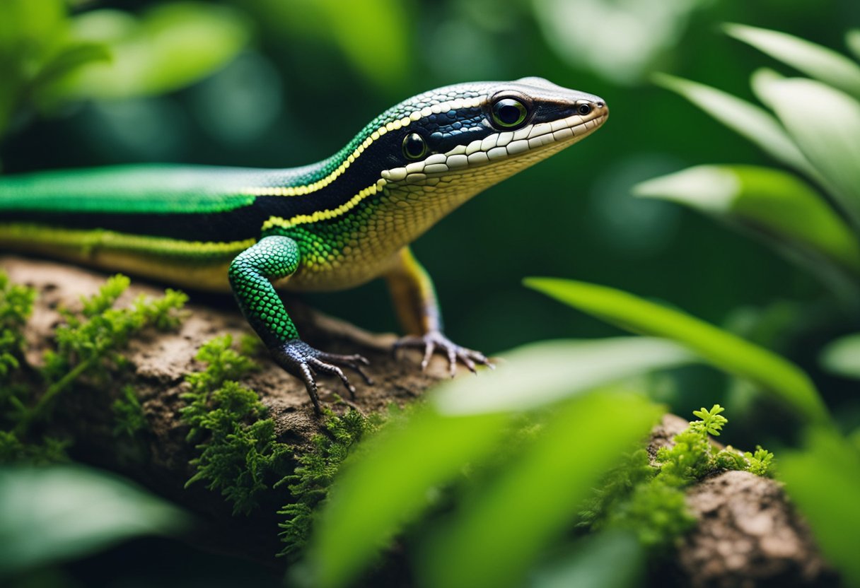 A skink with vibrant scales slithers through lush green foliage. Its sleek body moves with agility, while its curious eyes scan the surroundings