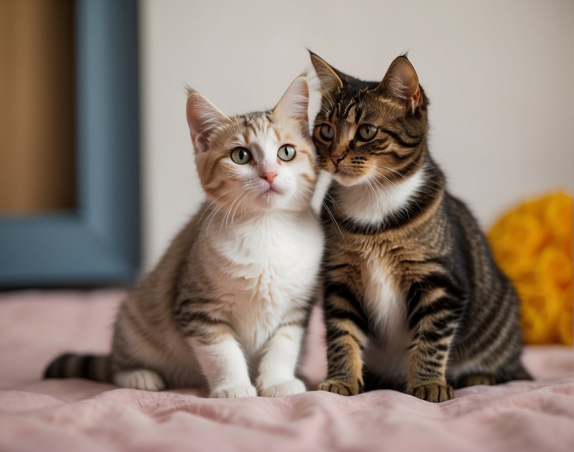 Two cats nuzzling each other, surrounded by familiar scents and toys from their shared kittenhood. One cat gazes wistfully at a photo of their missing sibling