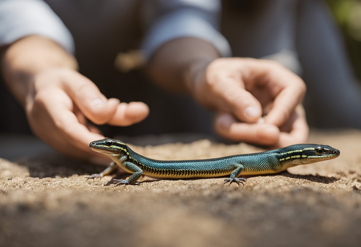 A skink and human interact. Skink's poison is unclear
