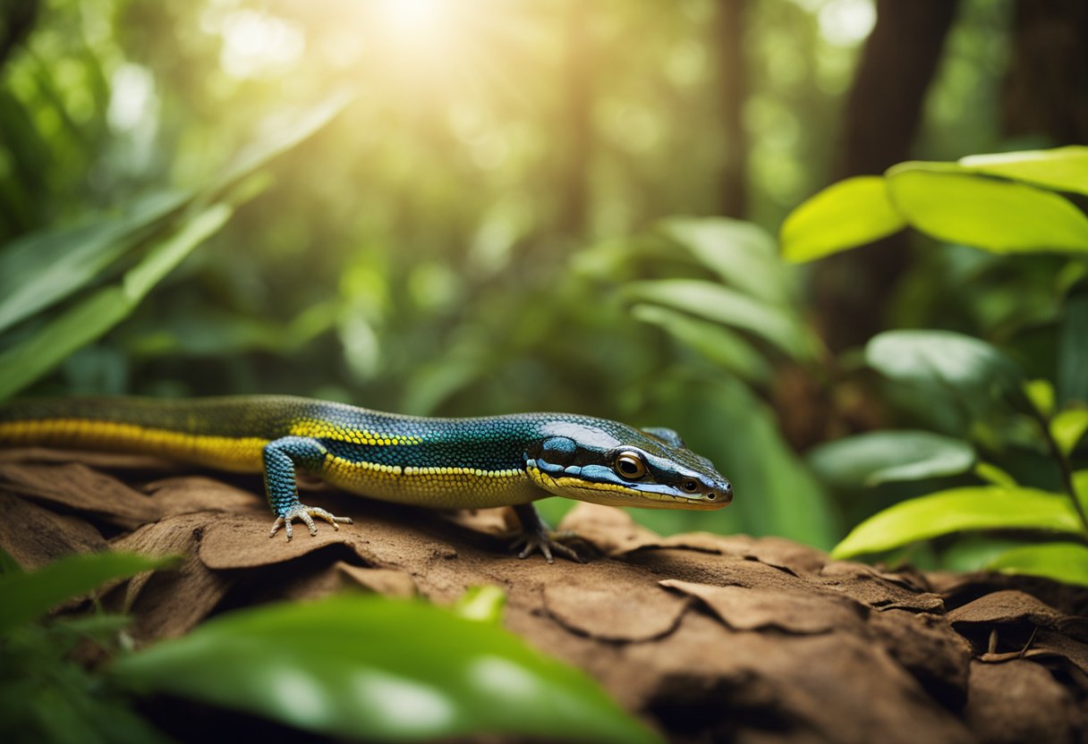 A skink slithers through a vibrant, tropical forest, its sleek scales catching the sunlight. The curious reptile gazes at a sign that reads "Frequently Asked Questions: Are skinks poisonous?"