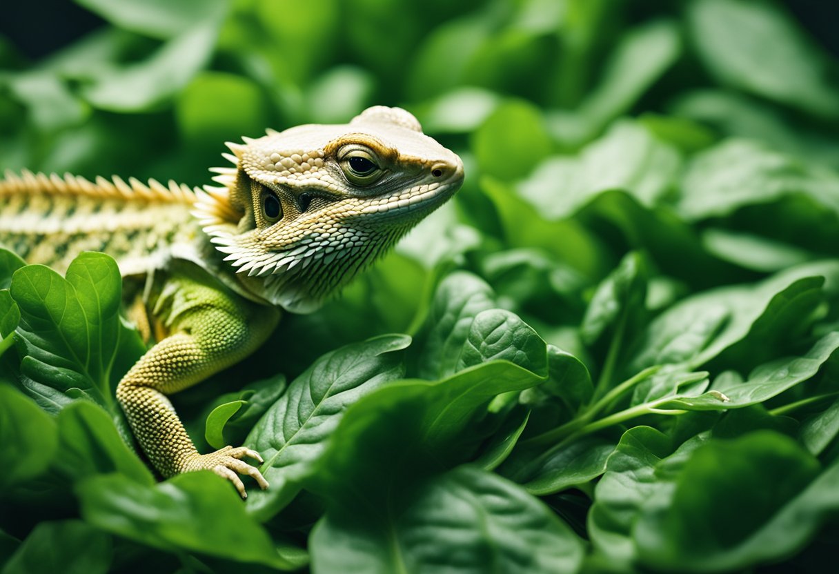 A bearded dragon eagerly munches on a vibrant green pile of spinach leaves