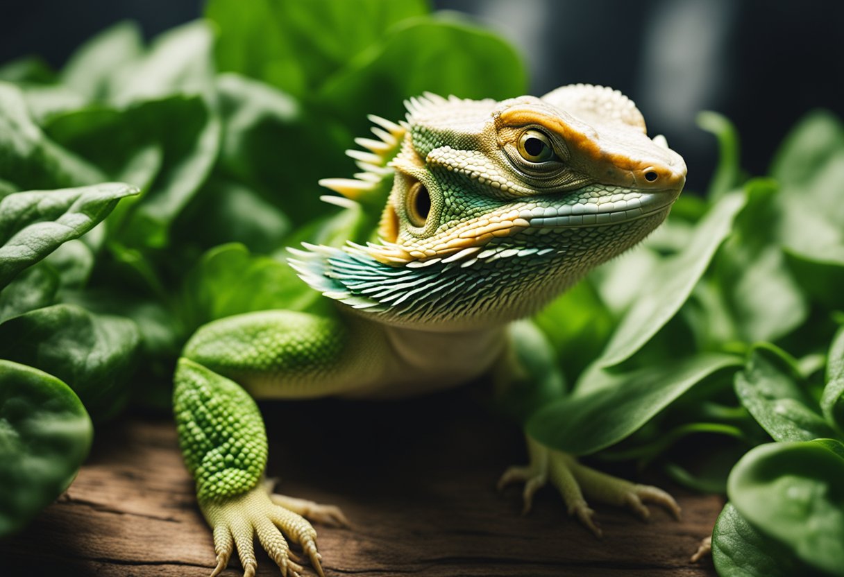 A bearded dragon surrounded by spinach, showing signs of discomfort and illness