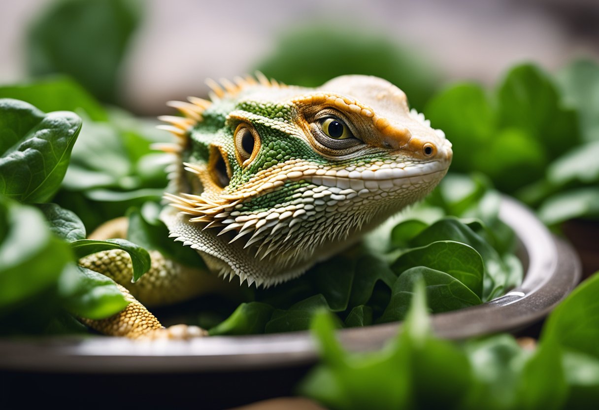 A bearded dragon eating spinach from a dish