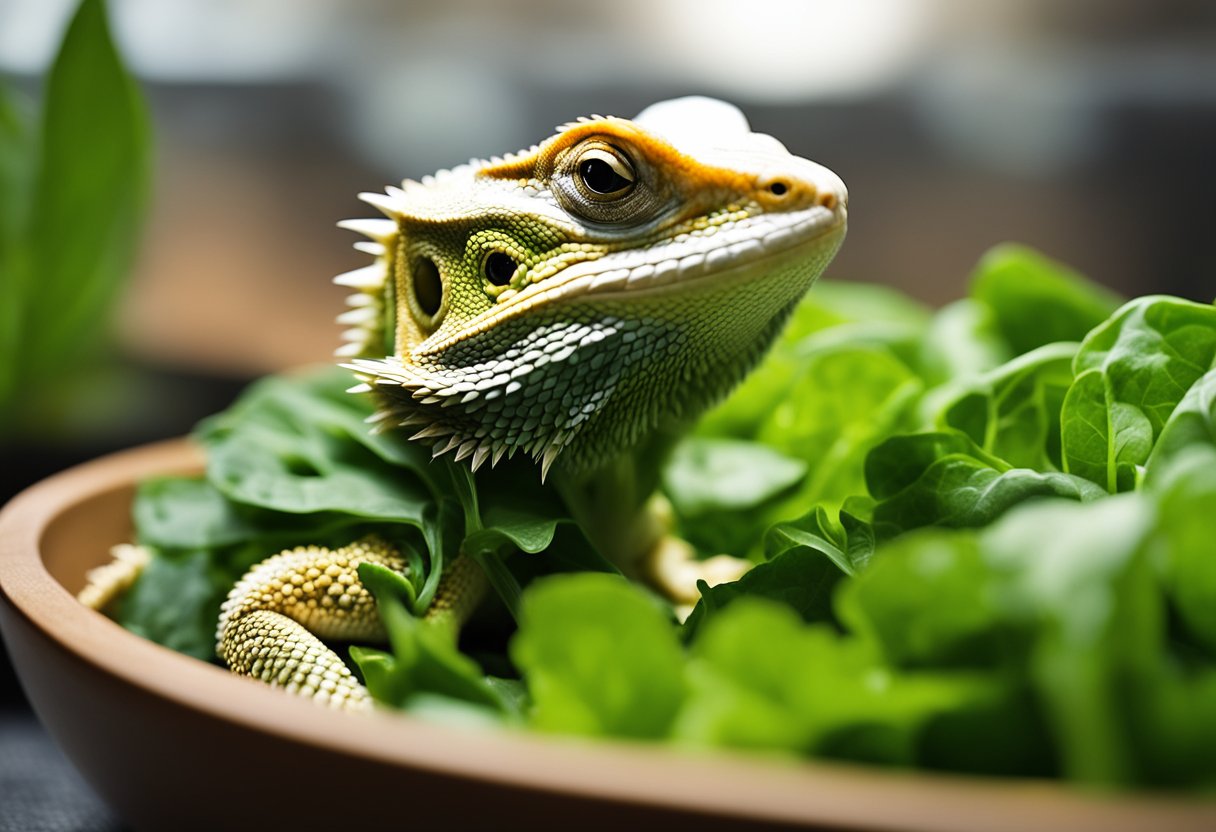 A bearded dragon surrounded by various leafy greens such as kale, collard greens, and dandelion greens, with a small bowl of spinach nearby