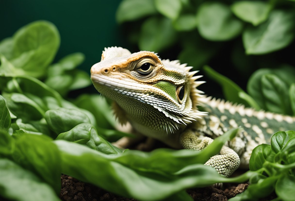 A bearded dragon surrounded by spinach, looking curiously at the leafy greens
