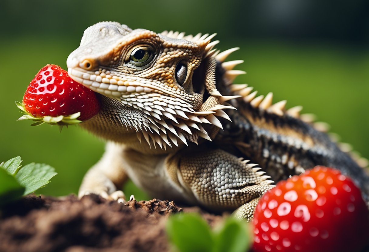 A bearded dragon munches on a juicy strawberry, its tongue flicking out to taste the sweet fruit