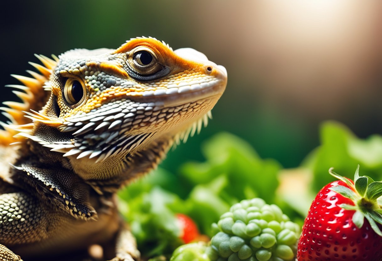 A bearded dragon munches on strawberries and other alternative fruits and vegetables