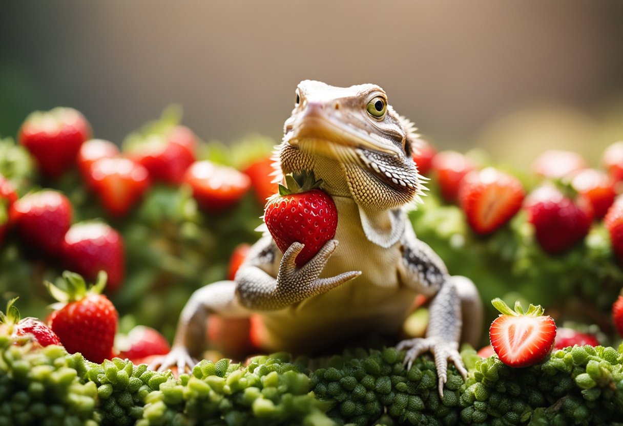 A bearded dragon examines a pile of strawberries, looking curious and eager to taste them