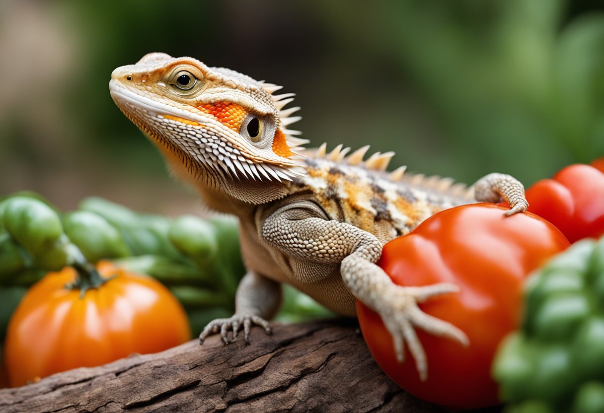 A bearded dragon eagerly munches on a ripe tomato, its sharp teeth delicately piercing the skin as it savors the juicy flesh