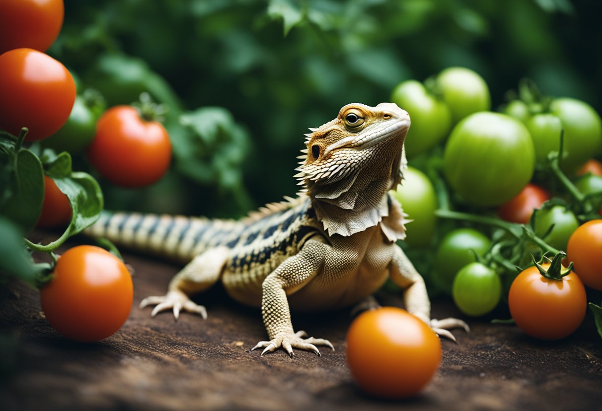 Bearded dragon surrounded by tomatoes, showing signs of distress and discomfort