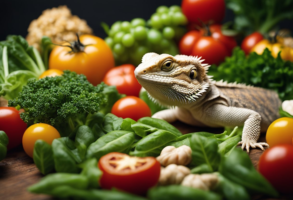 Bearded dragon surrounded by safe foods: leafy greens, insects, and tomatoes