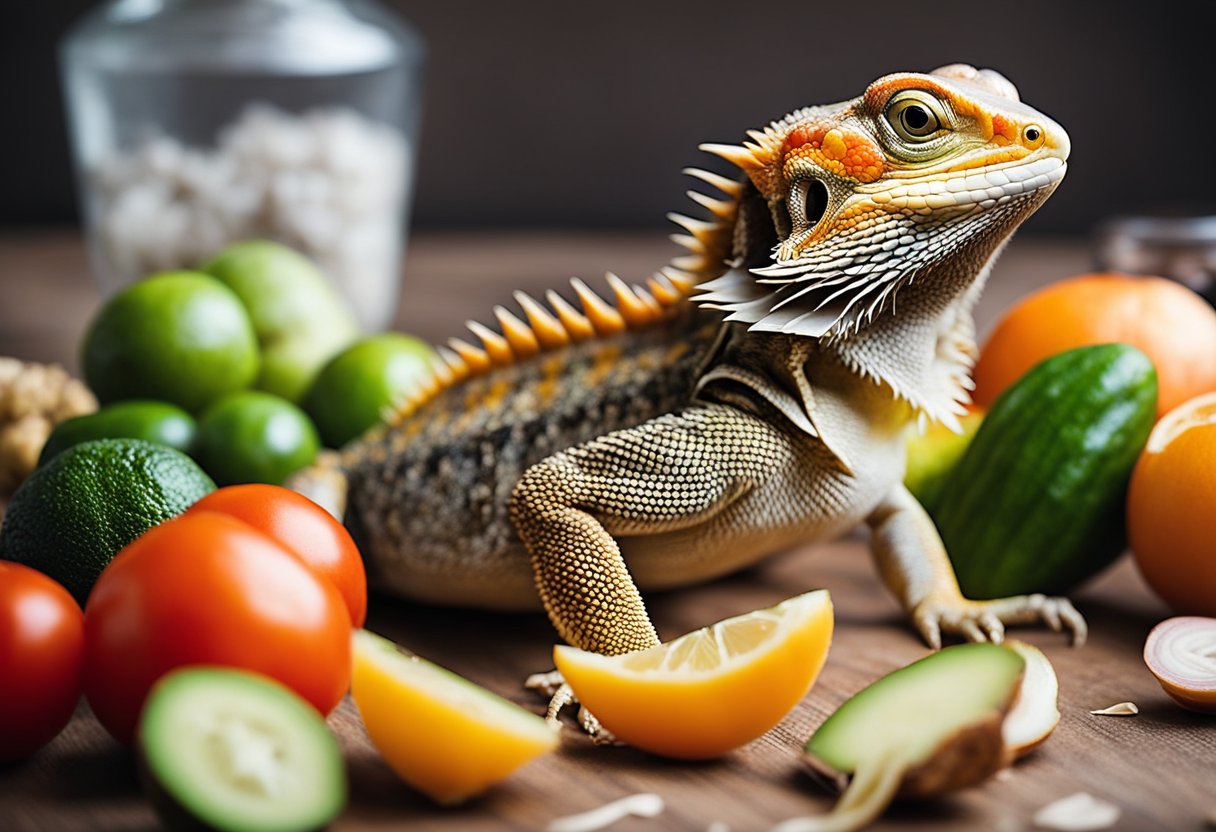Bearded dragon surrounded by tomatoes, onions, garlic, avocado, and citrus fruits. Label "Foods to Avoid" in bold letters