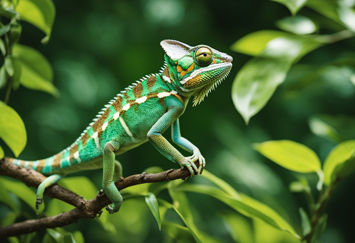 A chameleon perches on a branch, its long, sticky tongue shooting out to catch a passing insect. The vibrant reptile blends into its lush, green surroundings, its eyes swiveling independently to scan for more prey