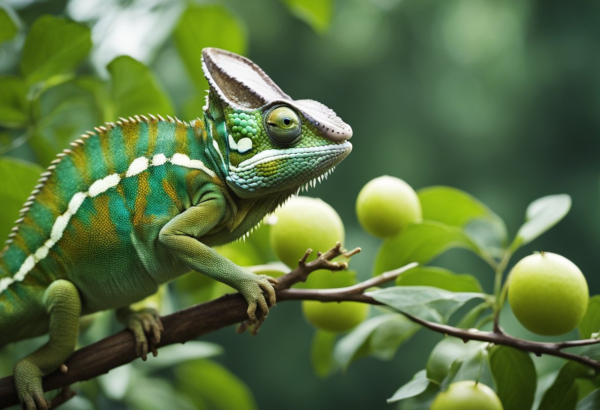 A chameleon perches on a branch, its long, sticky tongue shooting out to catch a passing insect. Nearby, a pile of fruits and vegetables remains untouched