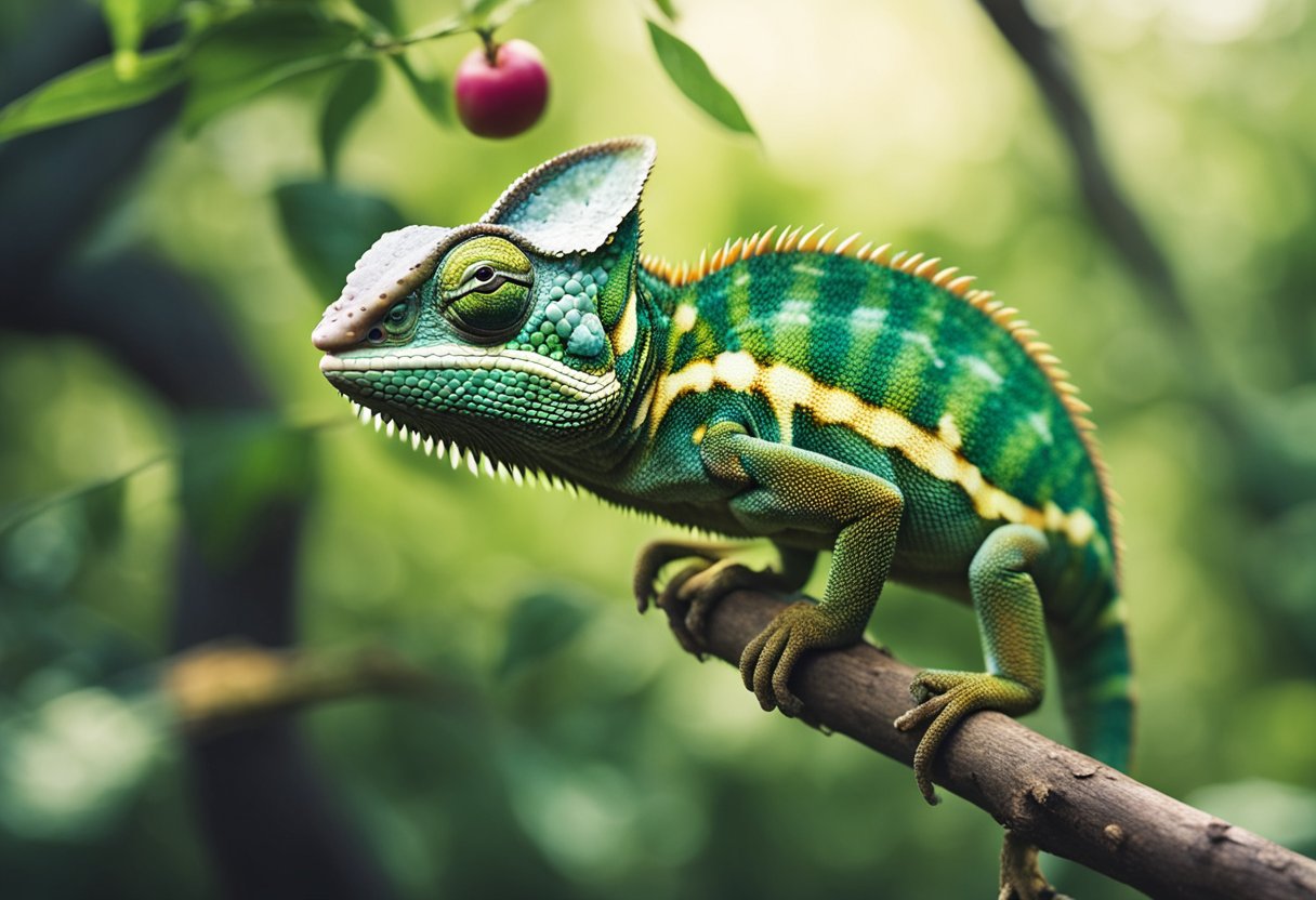A chameleon sits on a branch, its long tongue shooting out to catch a passing insect. A pile of vibrant fruits and vegetables sits nearby, ready to be devoured