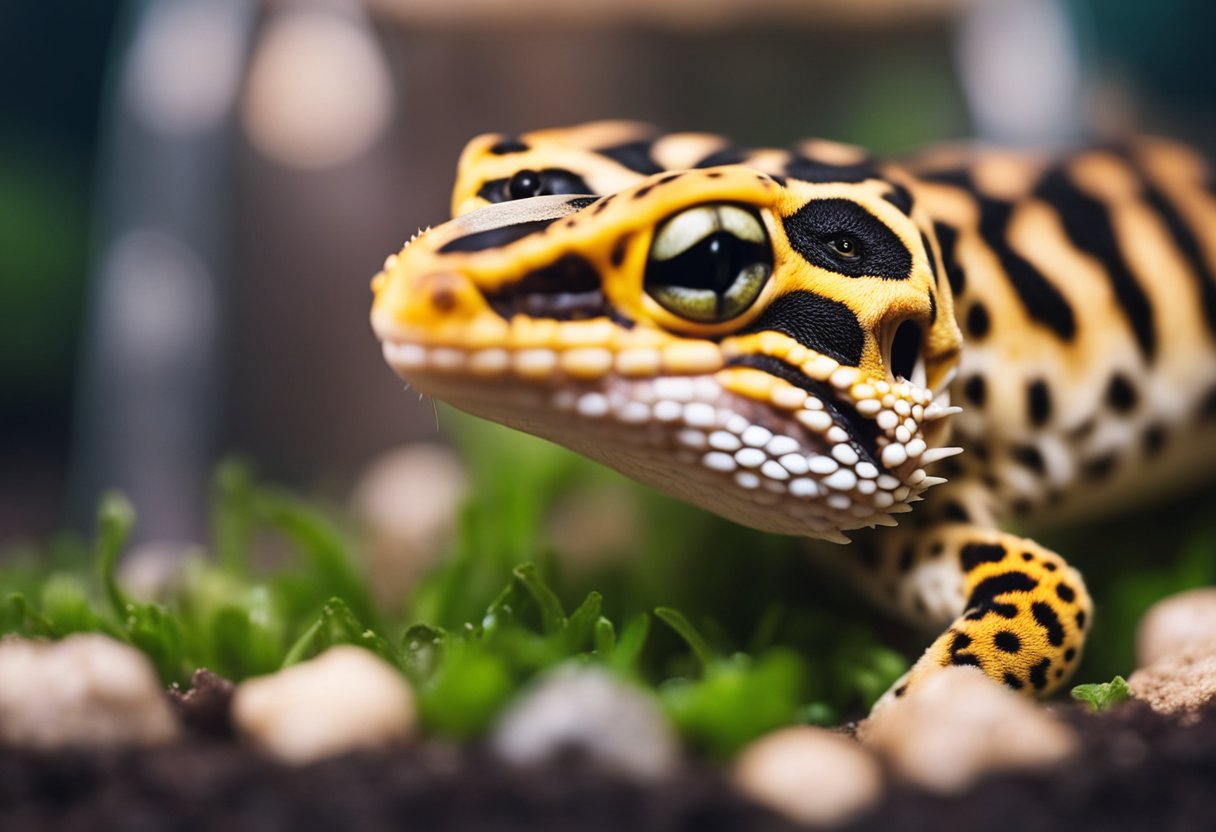 A leopard gecko is eating live crickets in its terrarium