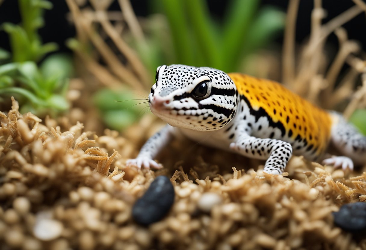 A leopard gecko is consuming live mealworms and crickets in its terrarium