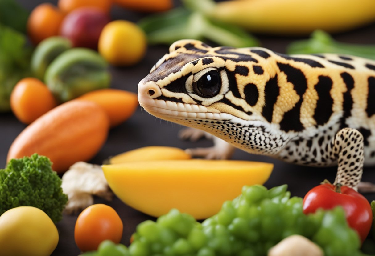 Leopard geckos eat a variety of fruits and vegetables, such as small pieces of mango, papaya, and carrots, arranged on a clean, flat surface