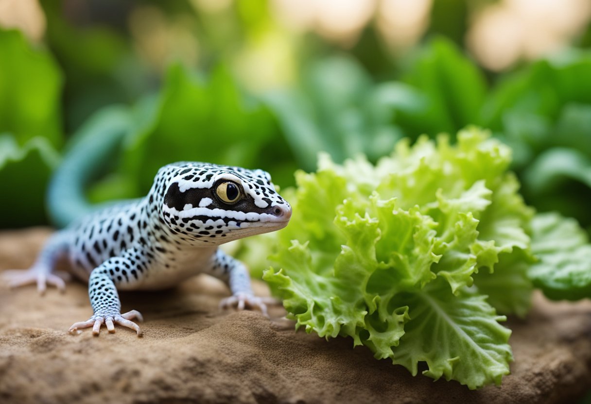 Leopard geckos avoid certain foods. Show a gecko turning away from lettuce and citrus fruits