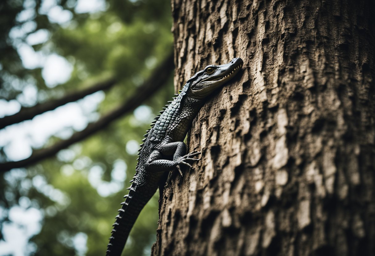An alligator scales a tall tree, its powerful claws gripping the rough bark as it ascends upward