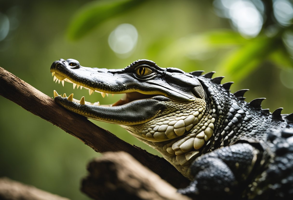 An alligator perches on a tree branch, its powerful claws gripping the bark as it surveys the surroundings