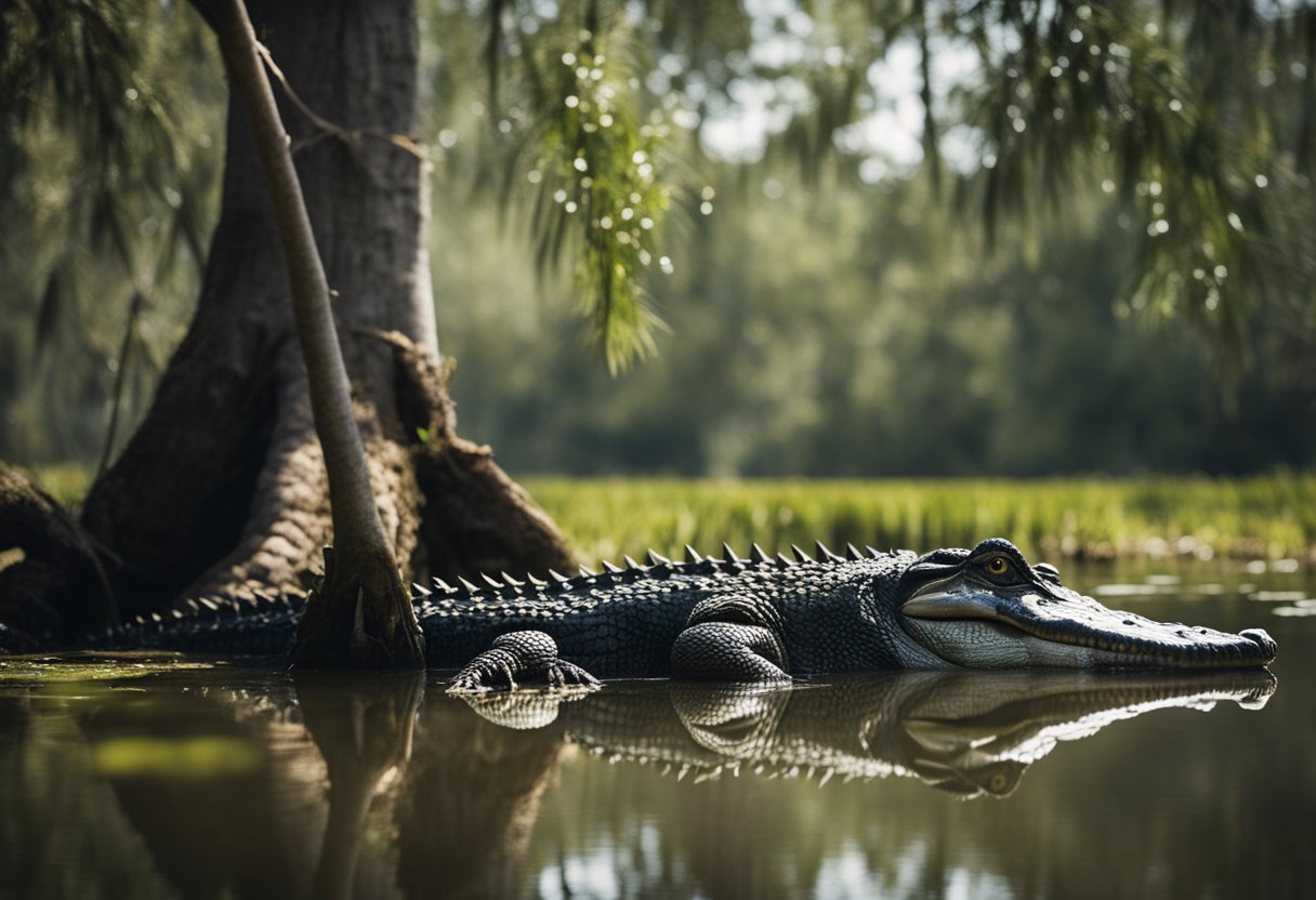 Alligators climbing trees in a wetland habitat