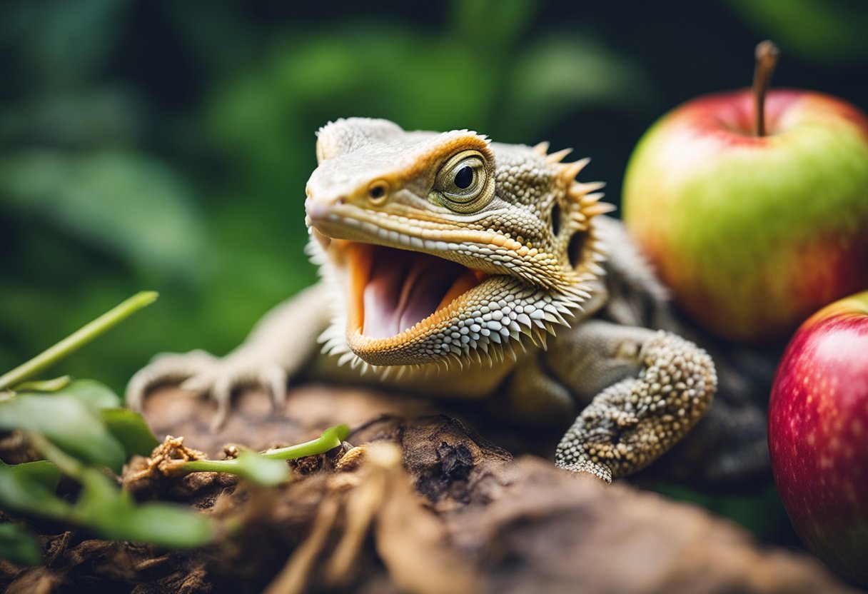 A bearded dragon munches on a juicy apple, its sharp teeth breaking through the skin as it enjoys the sweet fruit