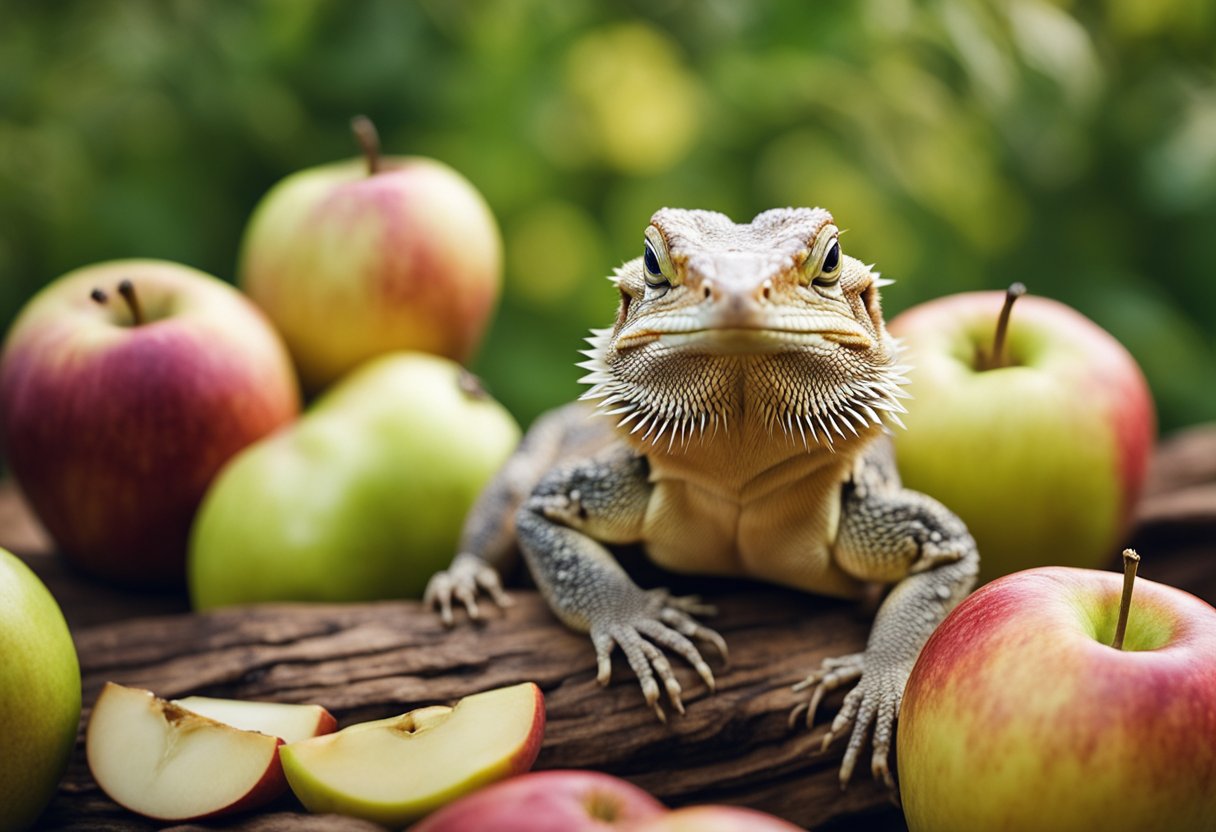 Bearded dragons surrounded by sliced apples, eagerly munching on the fruit