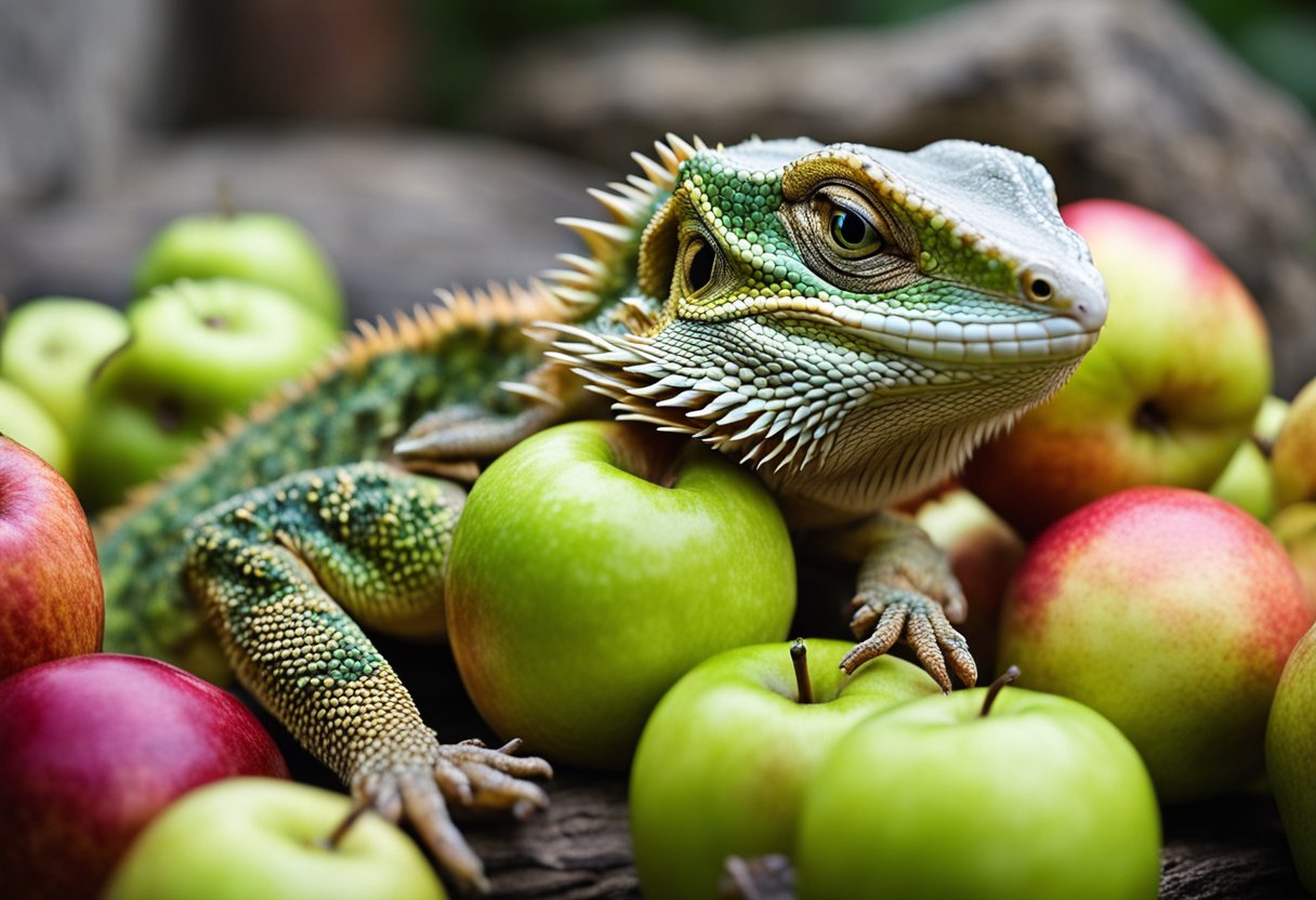 Bearded dragons eat apples. Show a dragon surrounded by apples, with one in its mouth