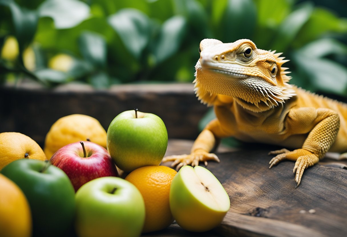 A bearded dragon surrounded by various fruits, with a focus on apples