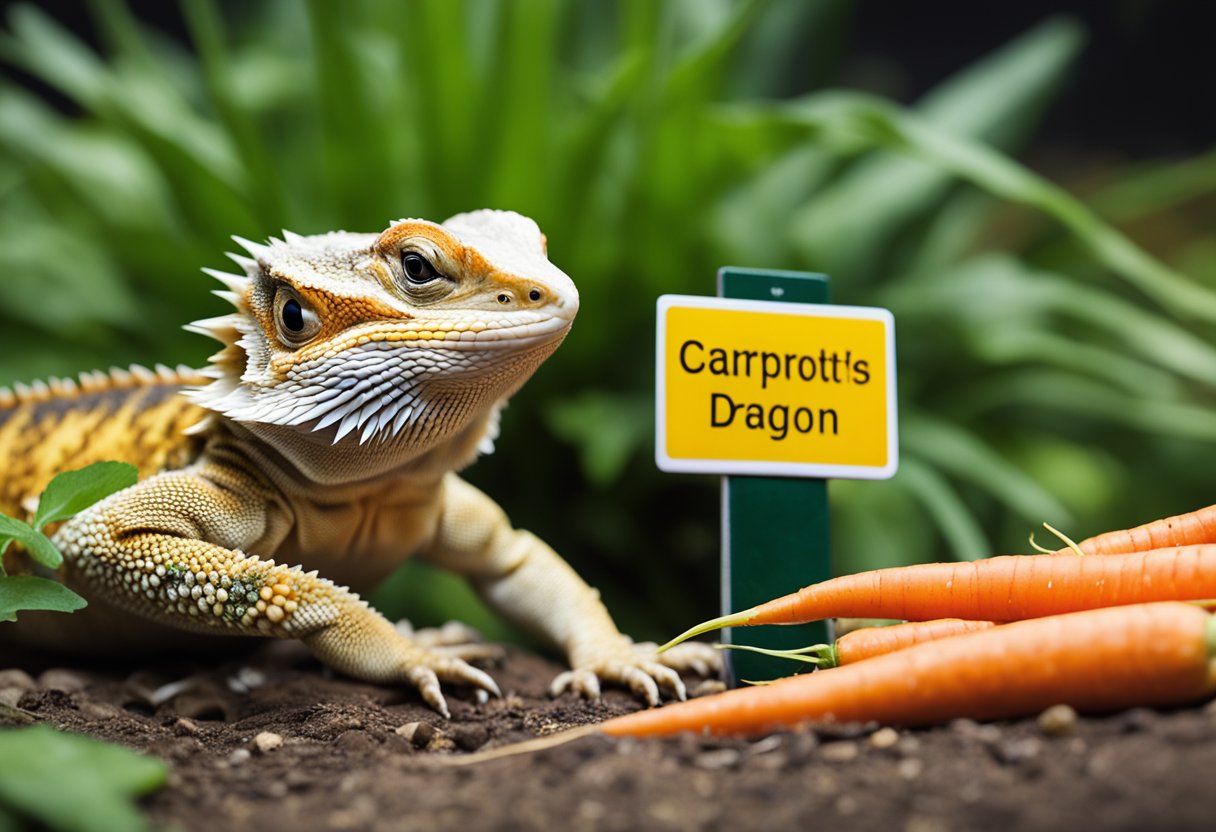 A bearded dragon is surrounded by carrots, with a caution sign nearby. The dragon looks hesitant, indicating potential risks of carrots in their diet