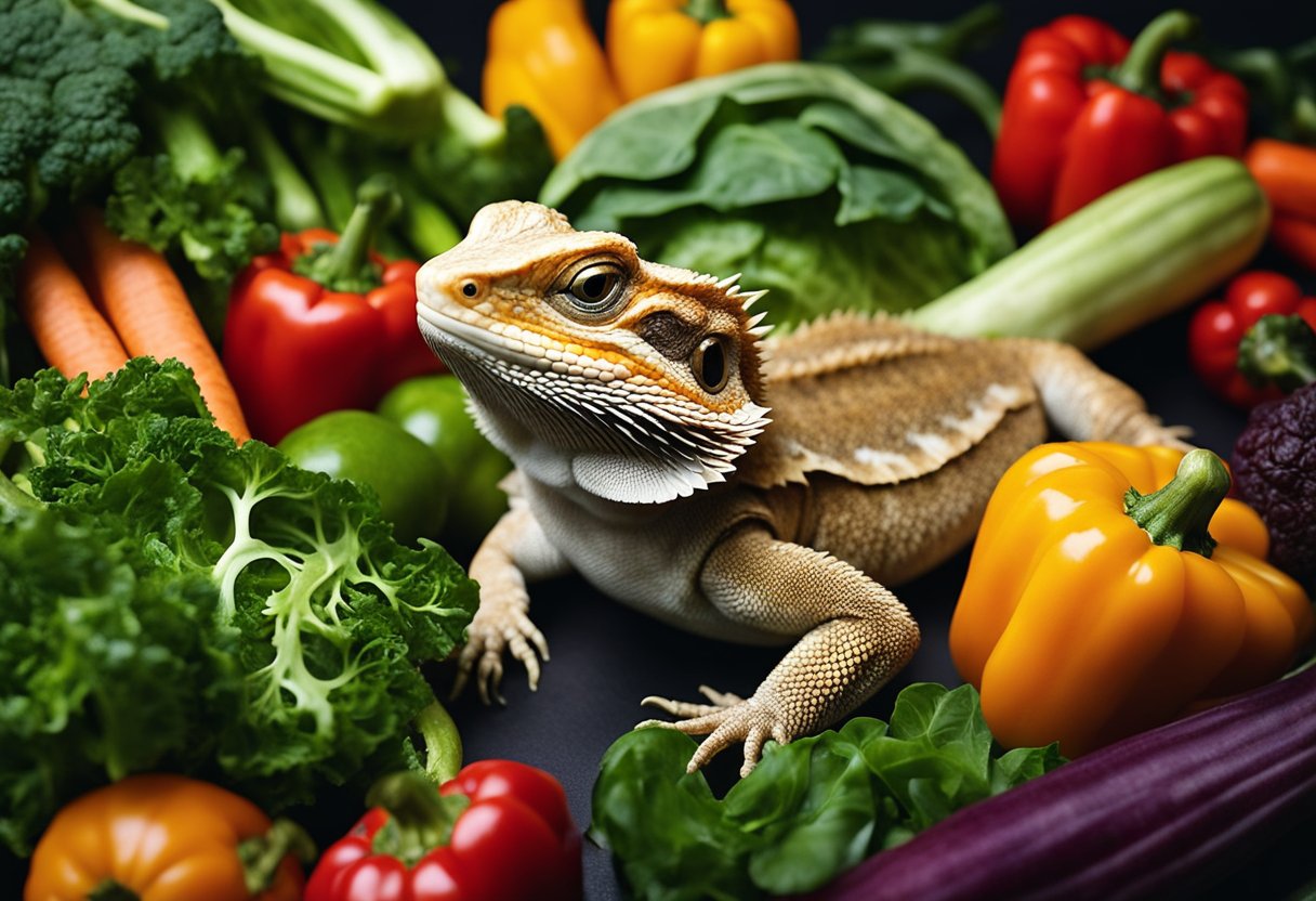 A bearded dragon surrounded by a variety of vegetables, including bell peppers, squash, and leafy greens. Carrots are placed off to the side, with a question mark hovering over them