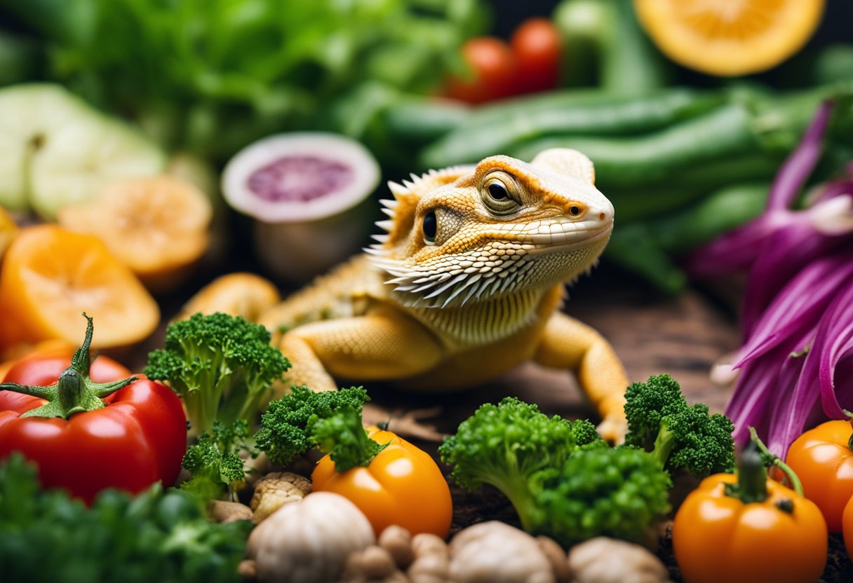 A bearded dragon surrounded by a variety of fresh vegetables and insects, showcasing a balanced diet