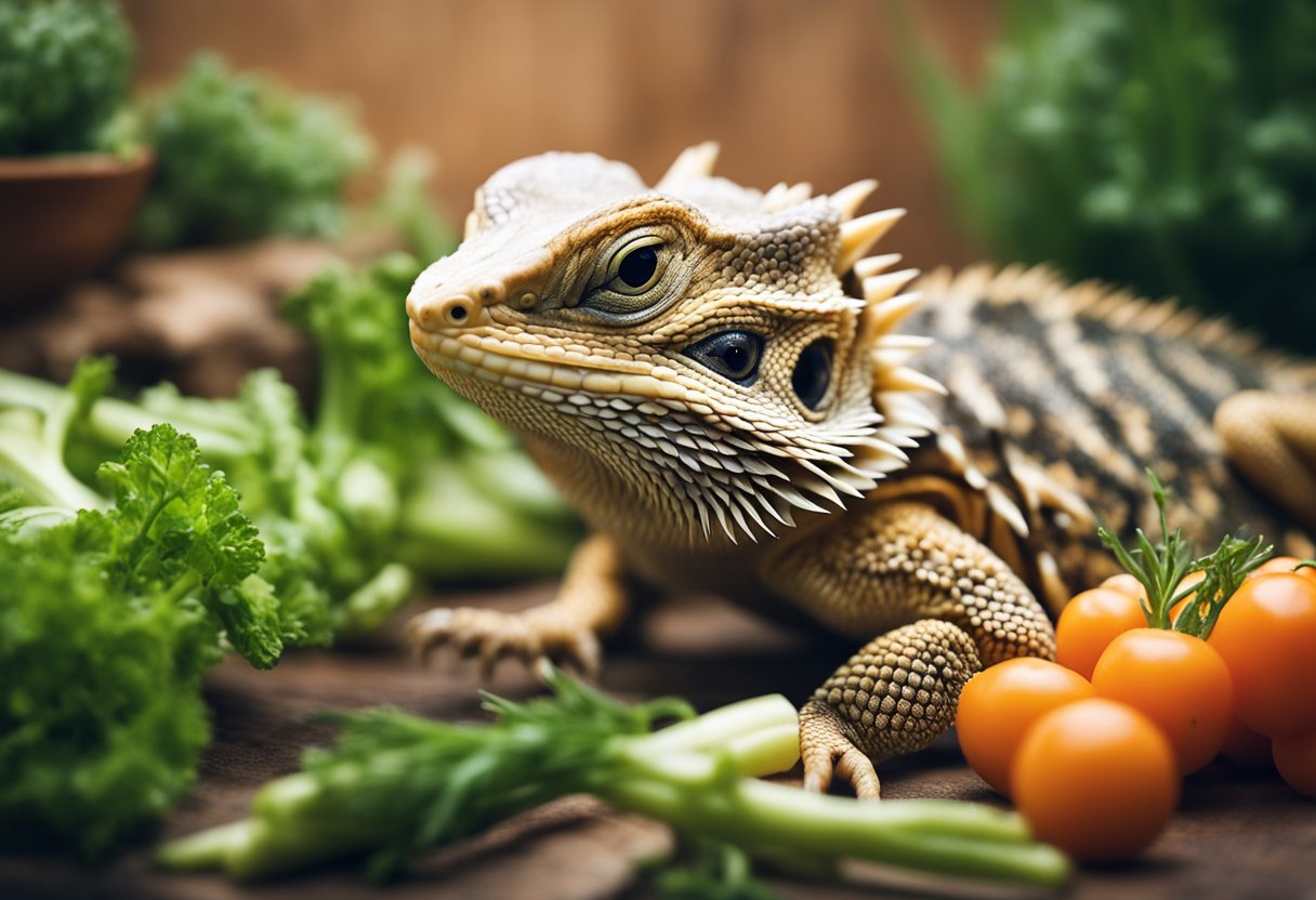 A bearded dragon surrounded by carrots, with a curious expression on its face as it investigates the vegetables