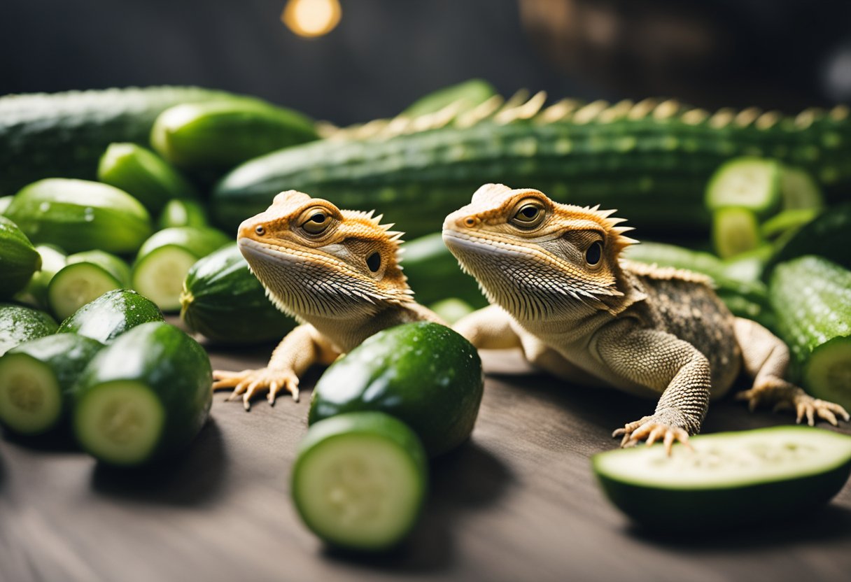 A bearded dragon surrounded by cucumbers with a caution sign nearby