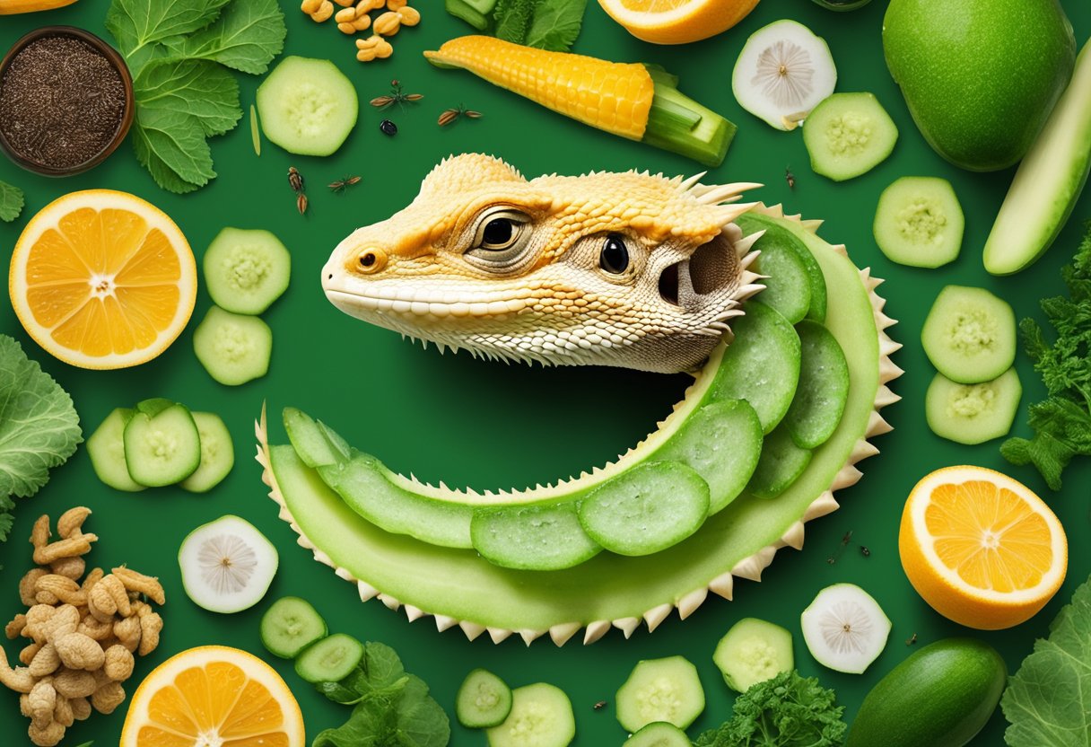 A bearded dragon's digestive system with a cucumber in its mouth, surrounded by a variety of foods, including insects and leafy greens