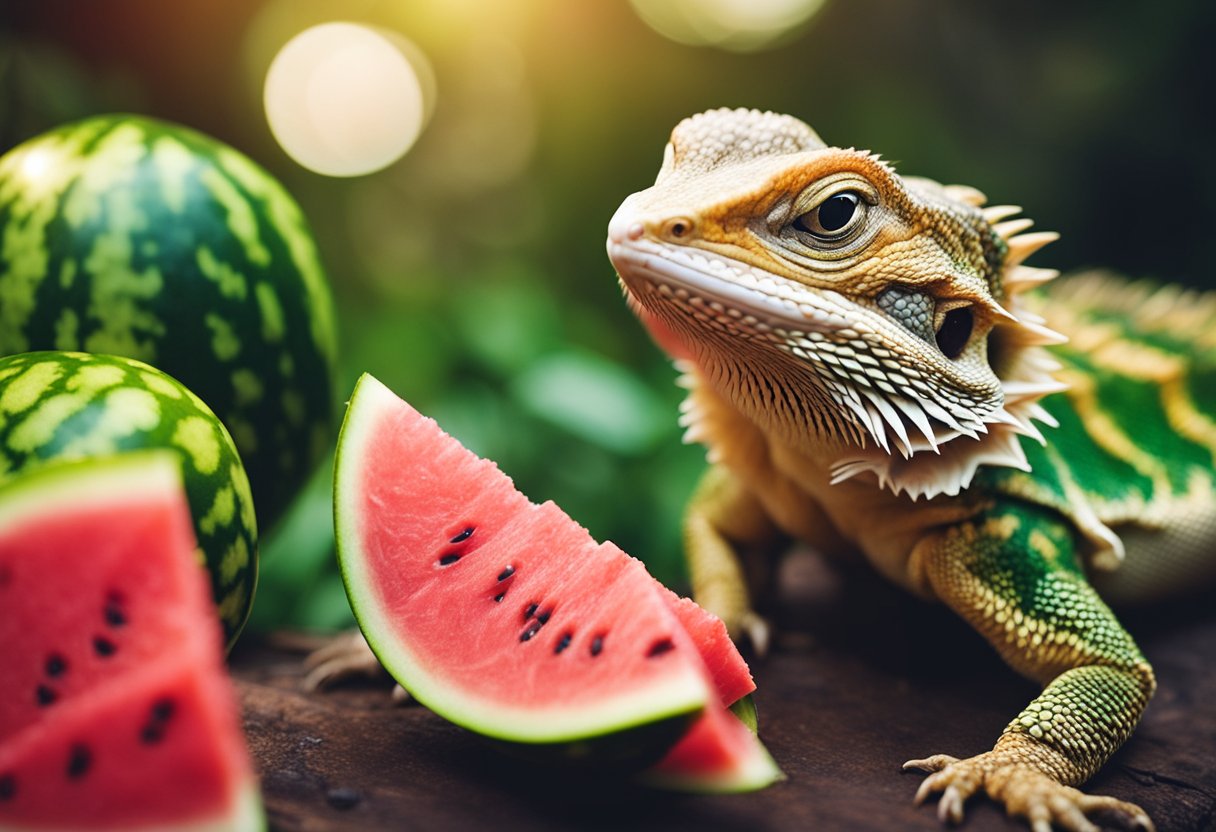 Bearded dragons eating watermelon, their tongues flicking out to grab the juicy fruit, their eyes bright and eager