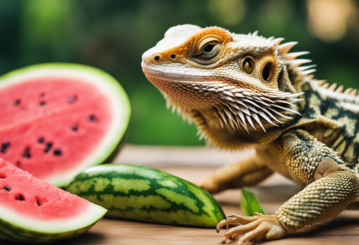 A bearded dragon eats watermelon, showing both potential health benefits and risks