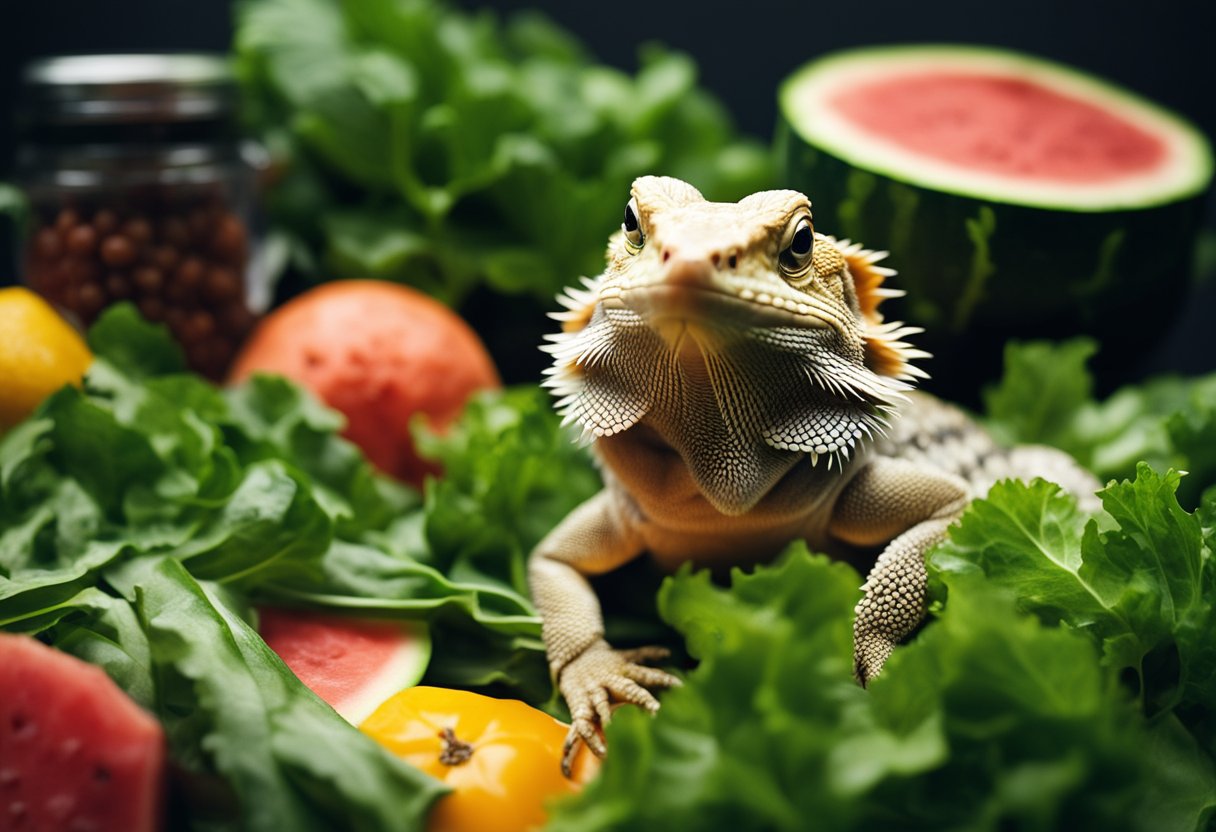 A bearded dragon surrounded by safe foods like leafy greens, insects, and small pieces of watermelon