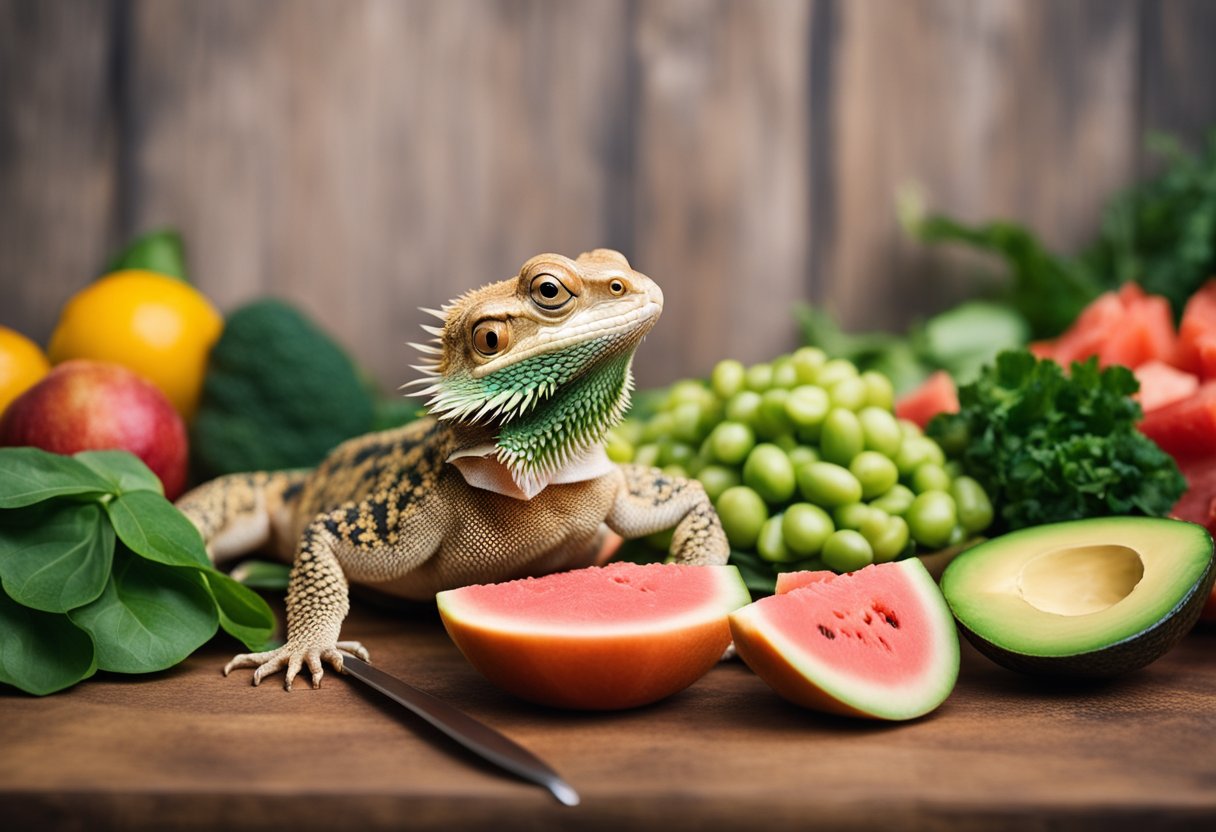 Bearded dragon surrounded by foods to avoid: avocado, rhubarb, spinach. Watermelon in question