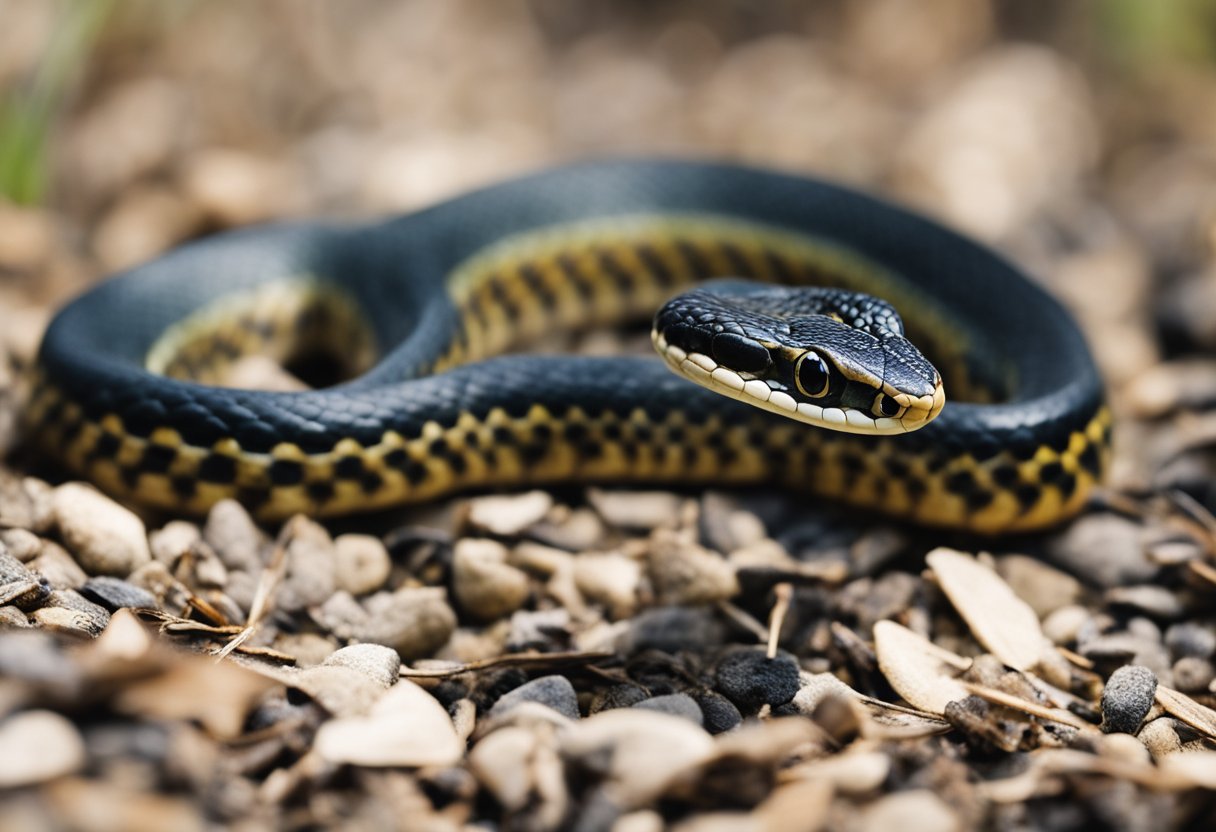 A garter snake strikes with its mouth open, showing its small, pointed teeth