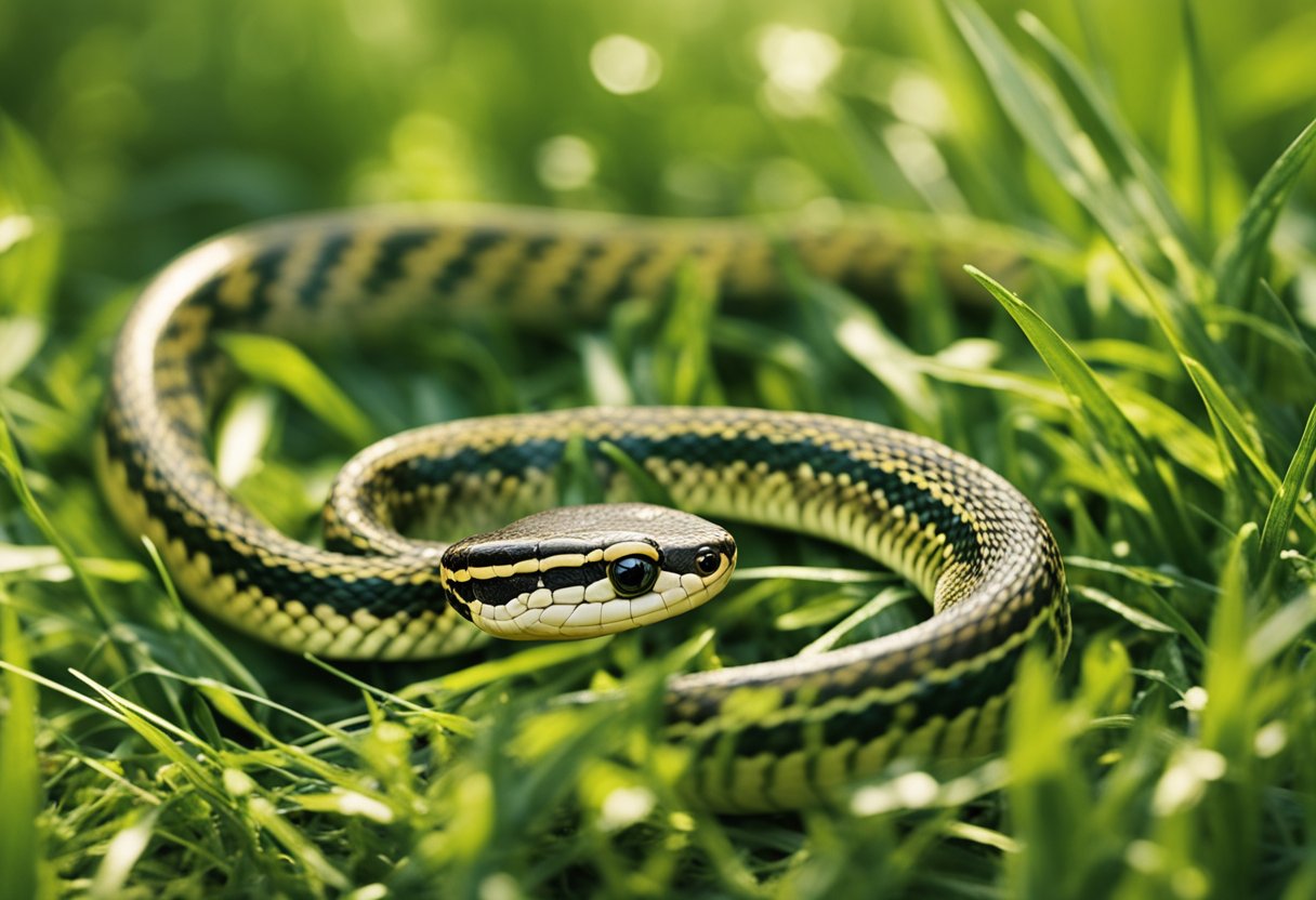 A garter snake slithers through the grass, its vibrant stripes catching the sunlight. It flicks its tongue as it moves, giving a curious and alert impression