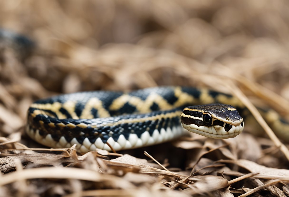 A garter snake bites a small prey item, its jaws clamping down with sharp teeth