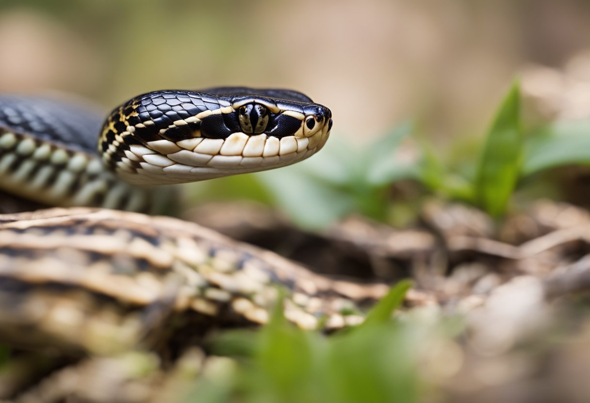 Garter snake poised to strike, open mouth, fangs visible