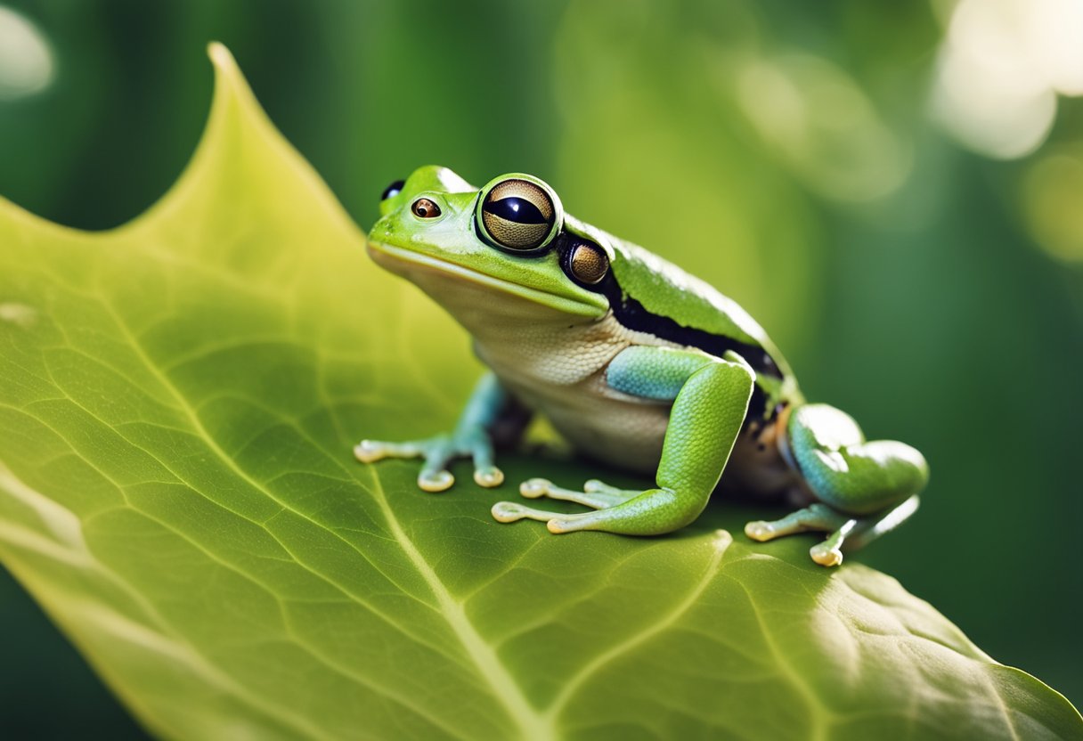A tree frog catches and eats a small insect on a leaf
