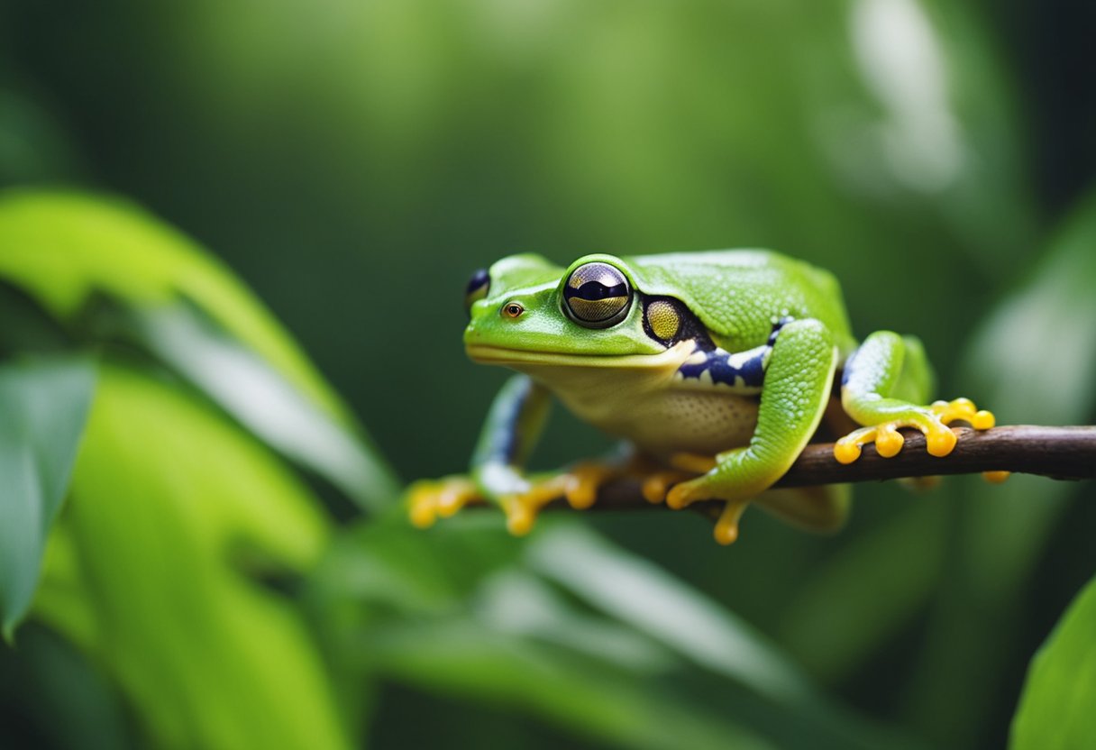 Tree frogs of different species consume various insects and small invertebrates in their natural habitats. They can be seen hunting for prey on leaves and branches in the rainforest