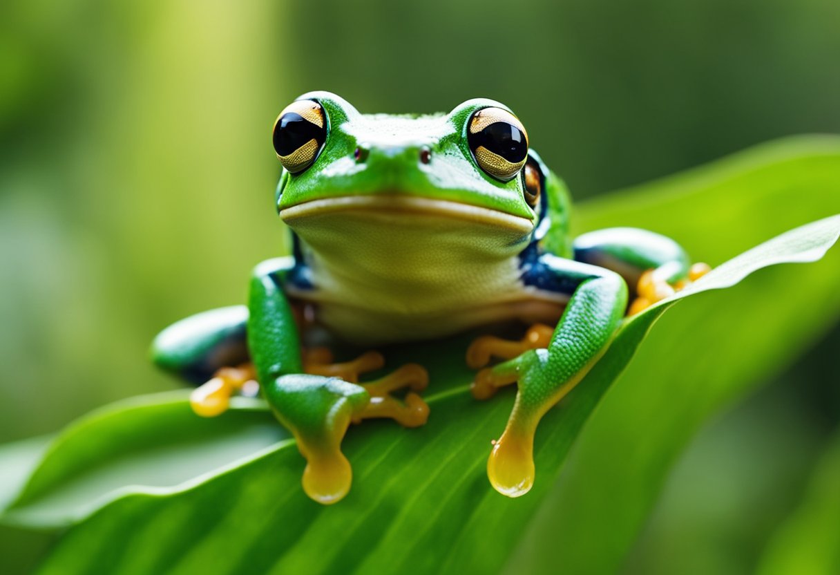 A tree frog perched on a leaf, catching insects with its long, sticky tongue. Surrounding plants and trees provide a diverse range of prey for the frog's diet