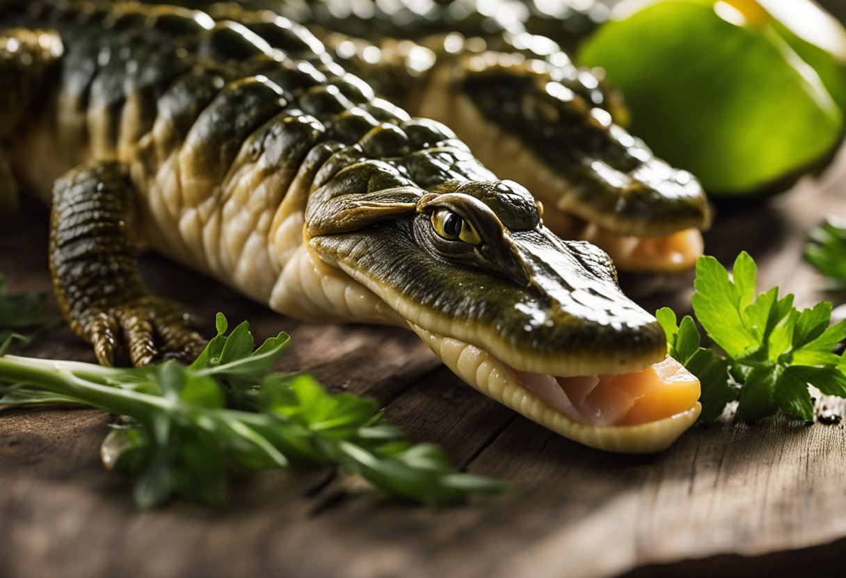 An alligator's meat tastes like a mix of chicken and fish, with a slightly gamey flavor. The texture is similar to chicken, but with a firmer and denser consistency