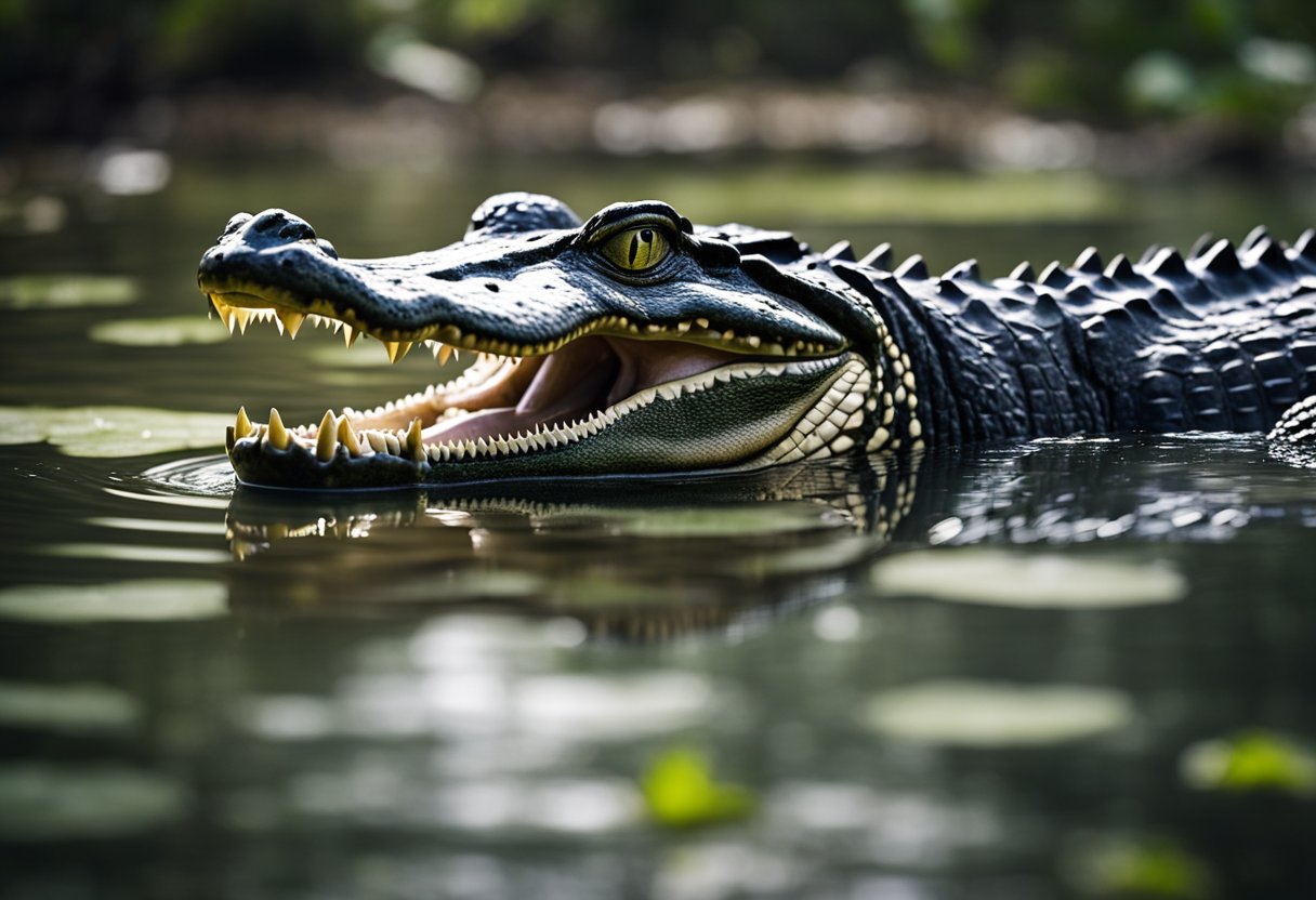 An alligator swims in a murky swamp, its powerful jaws open wide, revealing rows of sharp teeth. The surrounding foliage is dense, and the air is thick with humidity